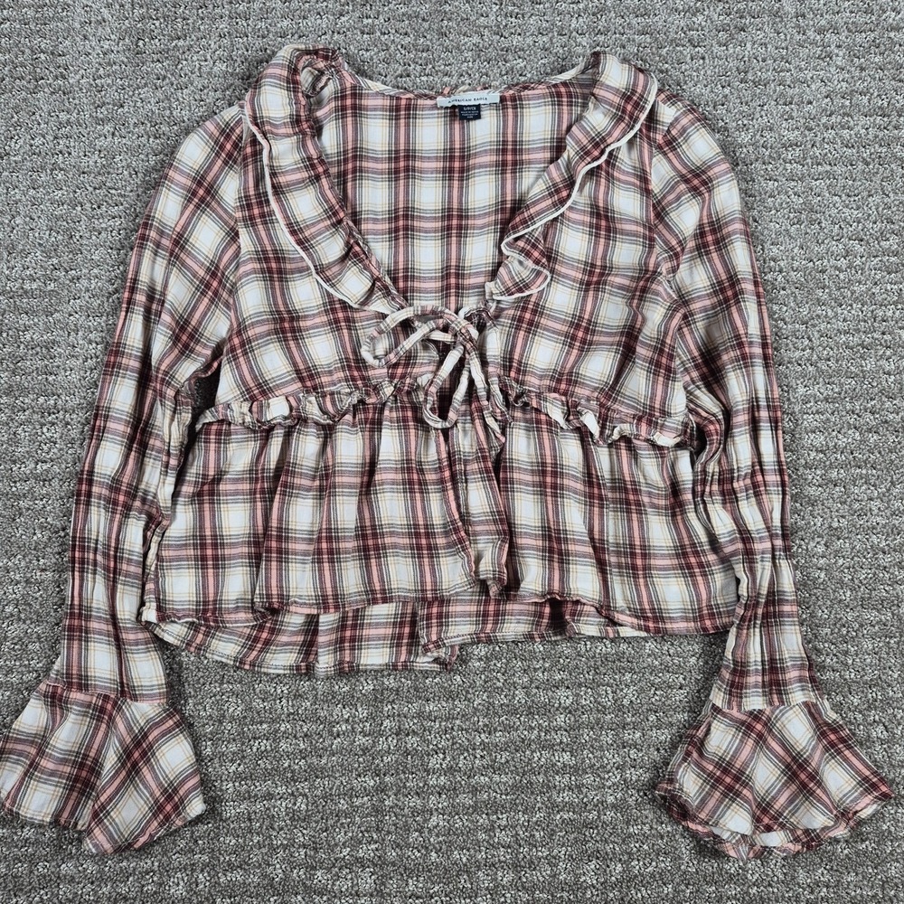 American Eagle Top Womens S Plaid Ruffle Tie Front Bell Sleeve Blouse Cottage